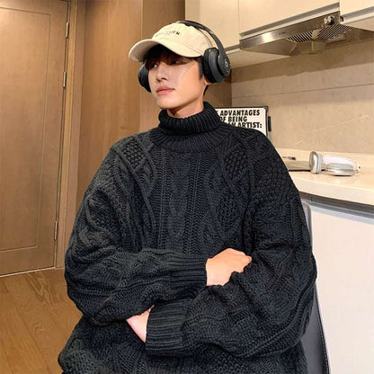 Black knit turtleneck sweater with cable diamond knit texture and long sleeves