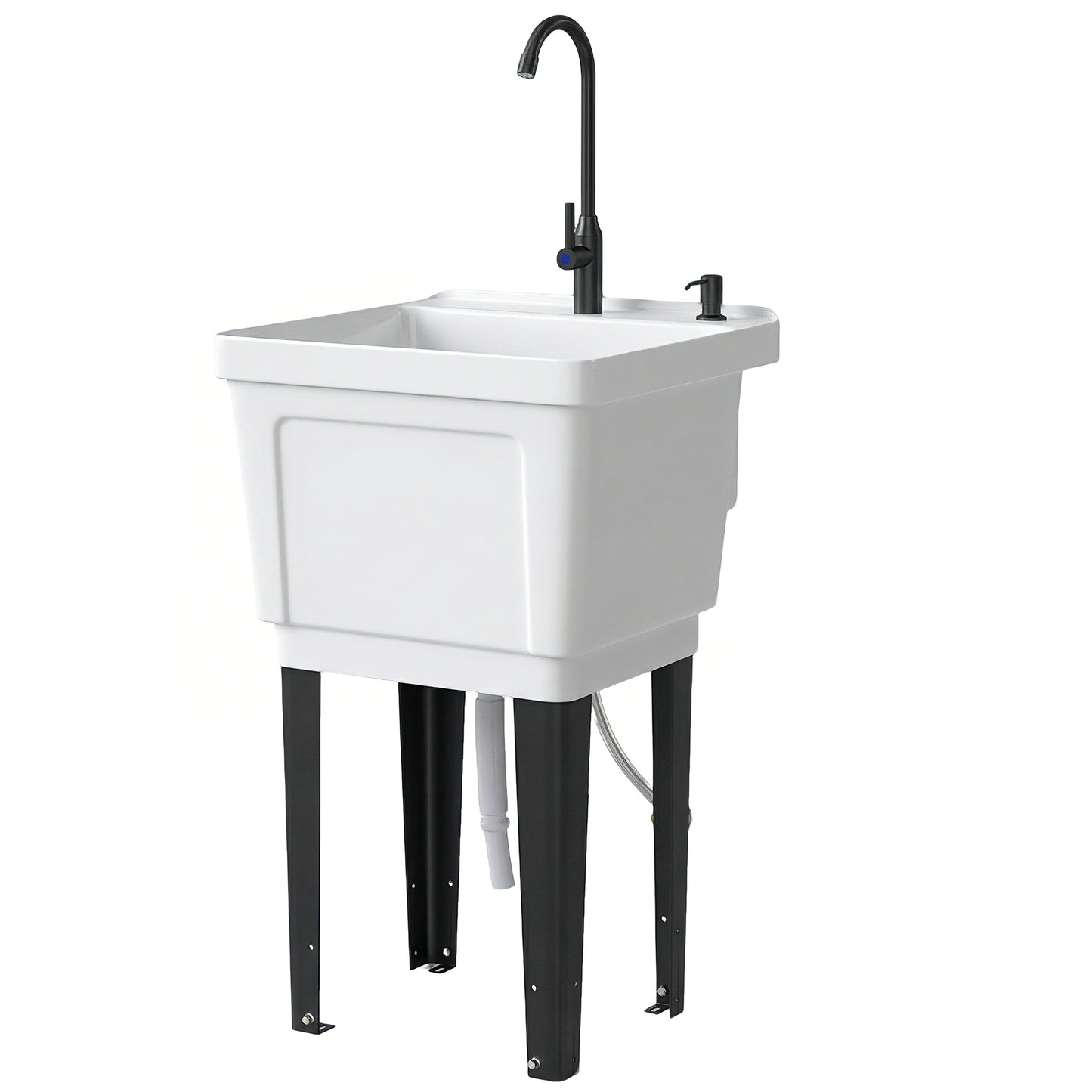 White freestanding utility sink with black faucet and visible drain hose outlet