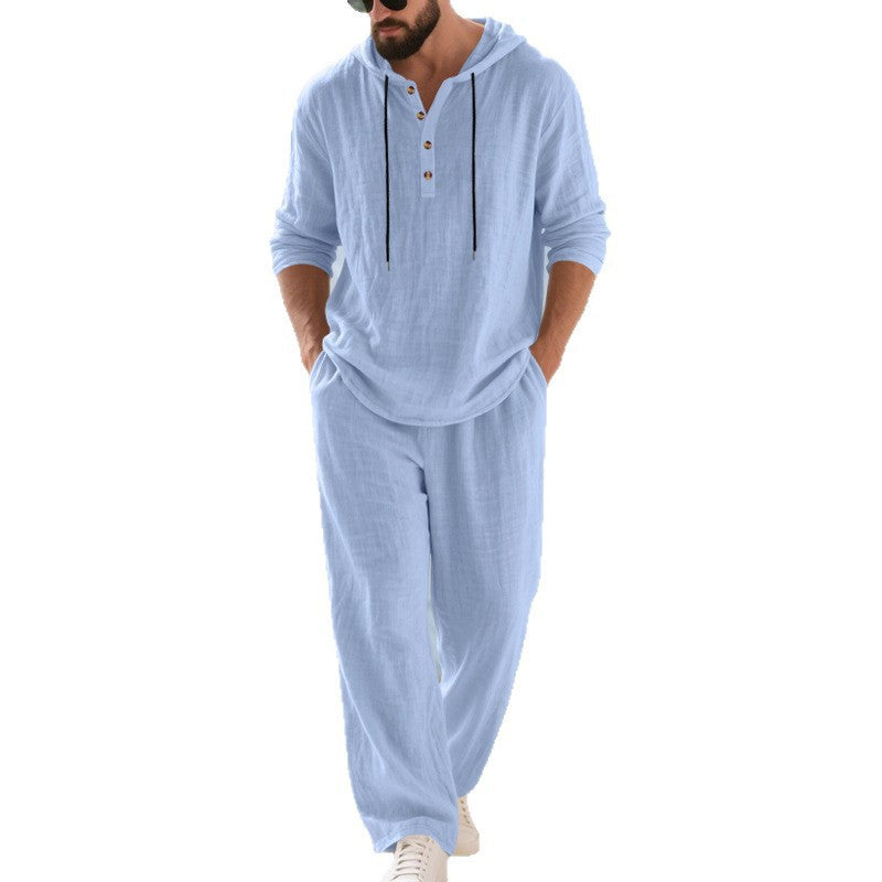 Light blue hooded long sleeve home wear set with drawstring hood and matching pants