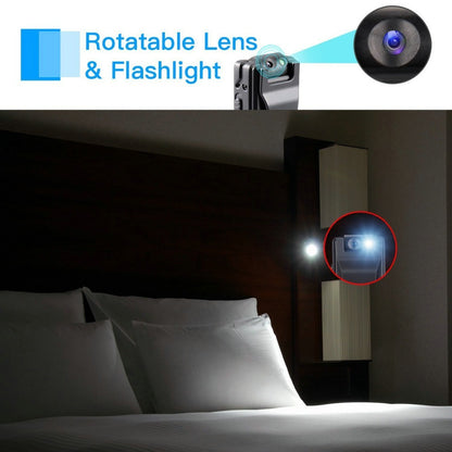 Rotatable lens and flashlight on a wall-mounted device with a bedroom setting.