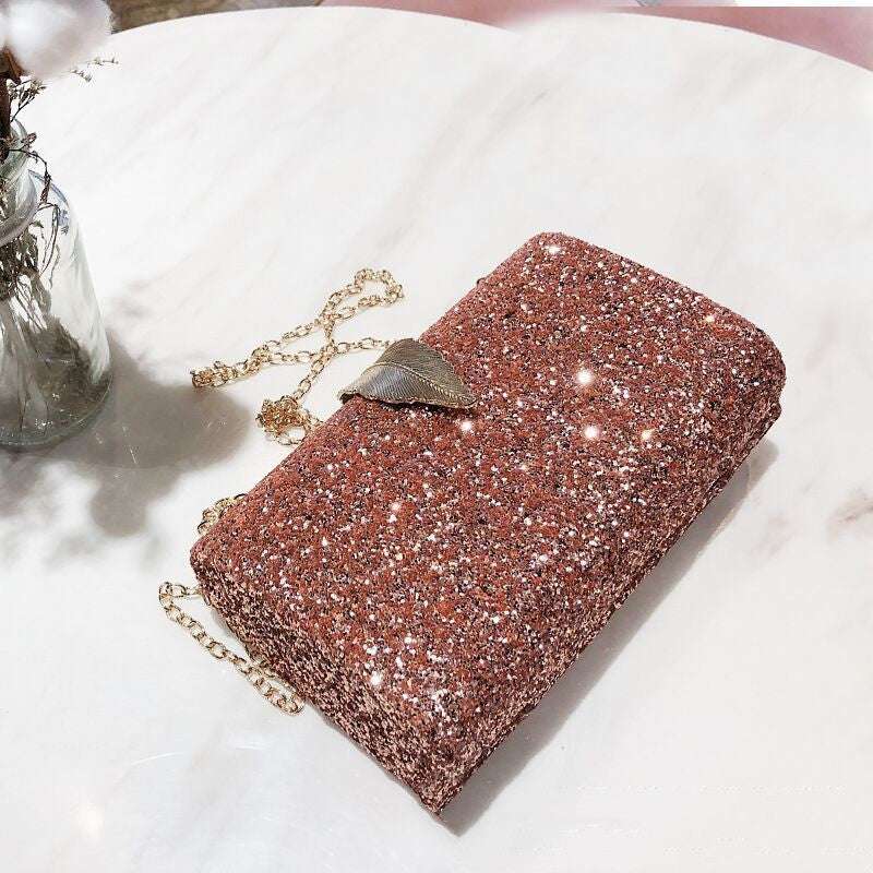 Pink rose glitter evening bag clutch with chain strap and leaf-shaped lock