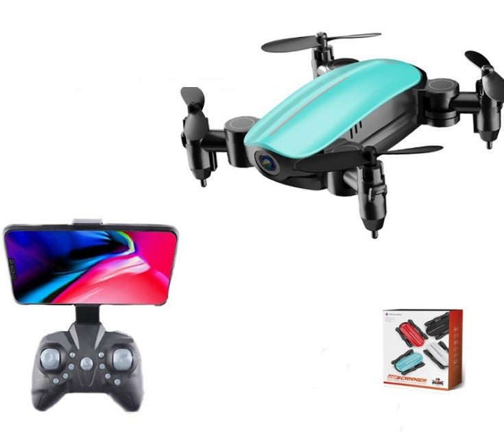 Foldable mini quadcopter drone with teal top cover and four black propellers
