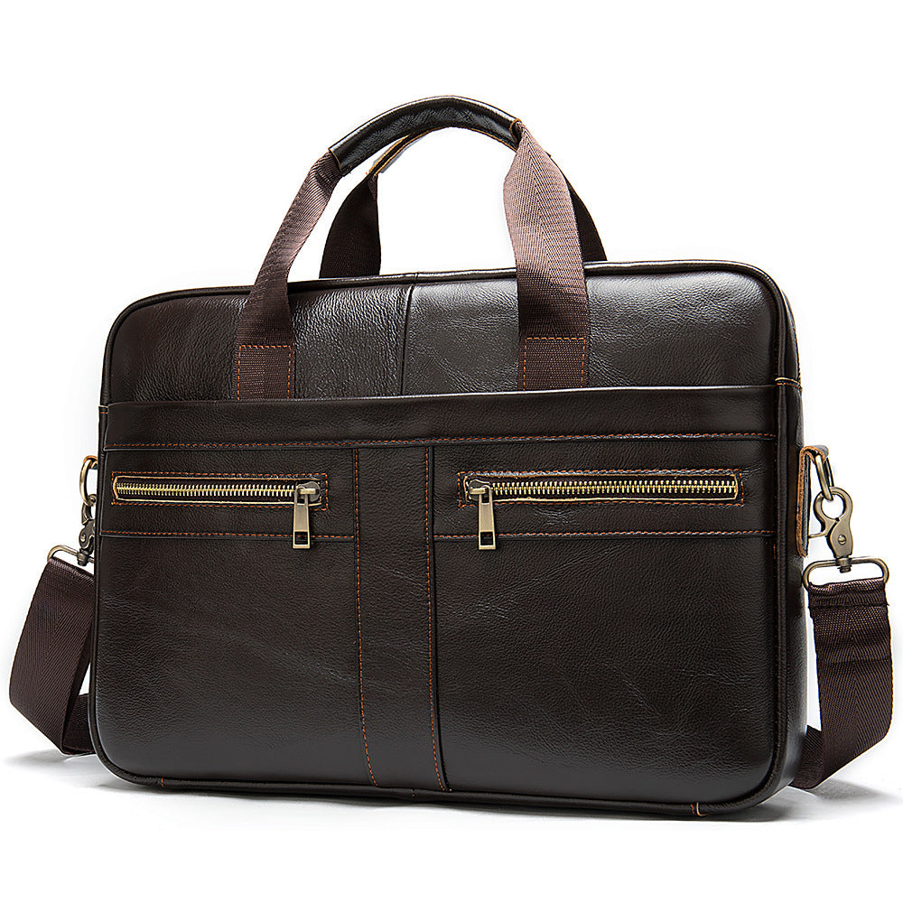 Men's black leather briefcase with two front zips and contrasting brown handles