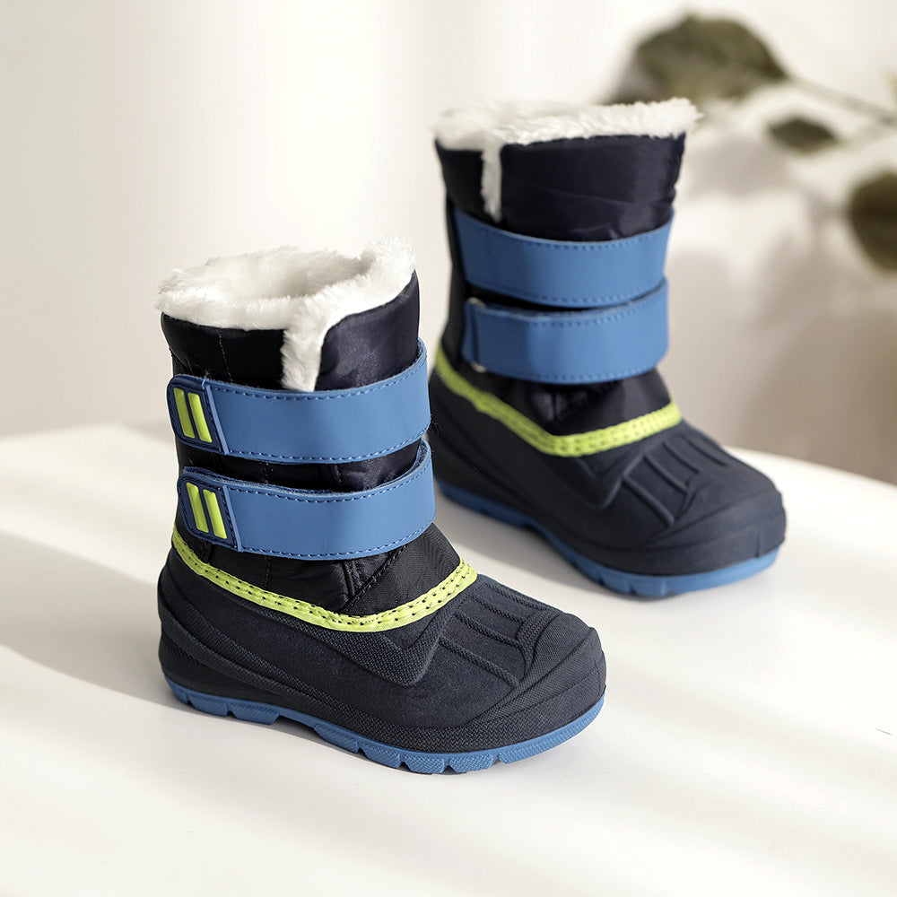 Kids winter snow boots in black with blue straps, neon green accents, and fleece