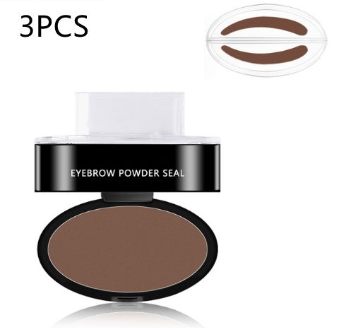 Eyebrow powder seal compact with medium-brown powder and three eyebrow stencil guides