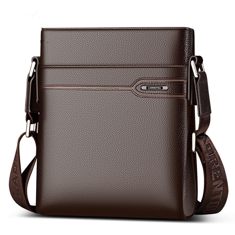 Dark brown leather crossbody briefcase with front strap panel and shoulder strap