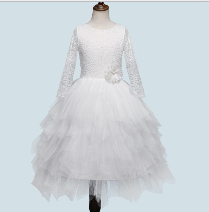 Girls' princess dress with white lace bodice, white tulle tiered skirt and waist flower