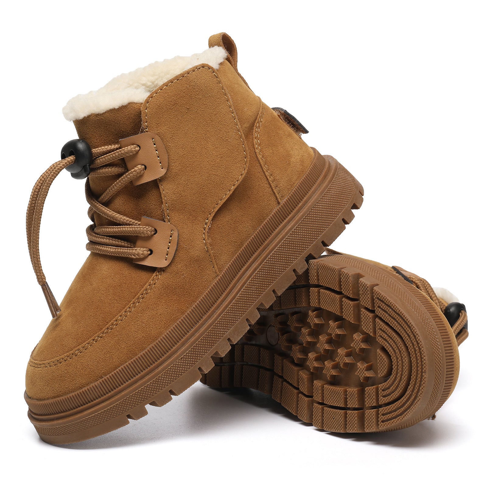 Kids winter shoes, tan suede boot with fleece lining, lace-up and lace tie, grip sole