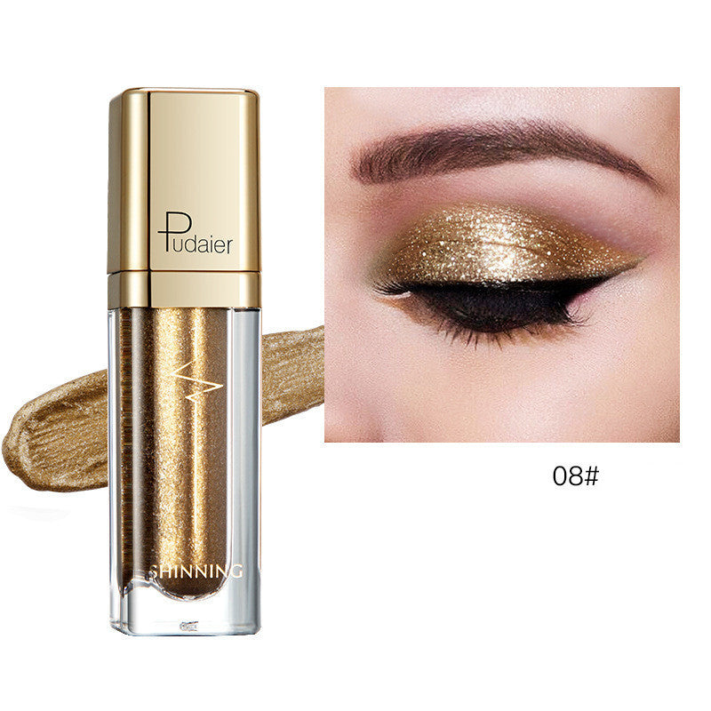 Glitter eyeshadow tube with bronze-gold shimmer; swatch on eyelid, shade 08#