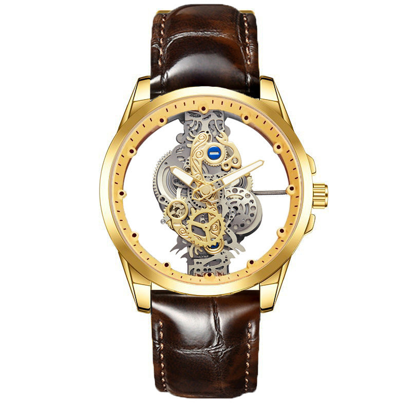 Gold automatic men’s watch with transparent skeleton dial and brown leather strap