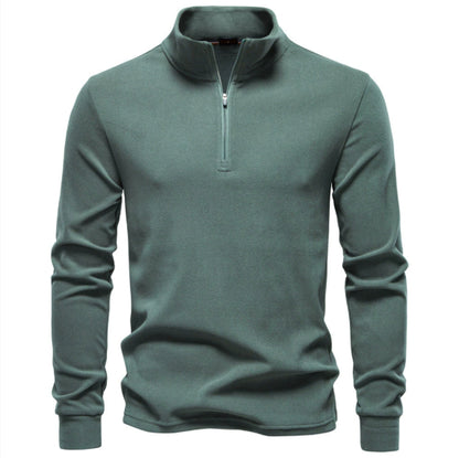 Men's knit half-zip sweater, muted green with ribbed collar and long sleeves