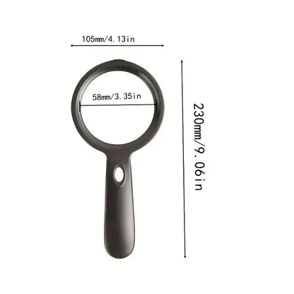 Handheld magnifying glass, black frame and handle, round lens