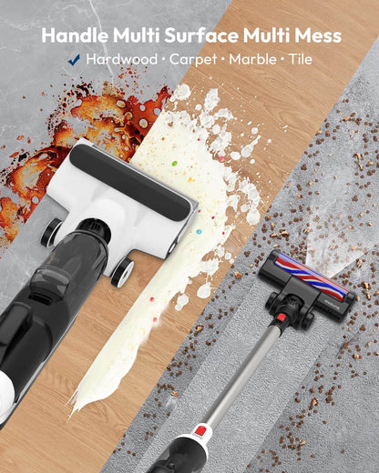 Wet dry vacuum mop with brush head cleaning spilled debris on hardwood and rugs
