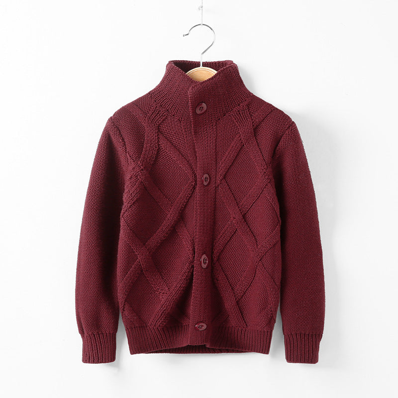 Burgundy knitted kids sweater coat with stand collar and button-front, diamond pattern