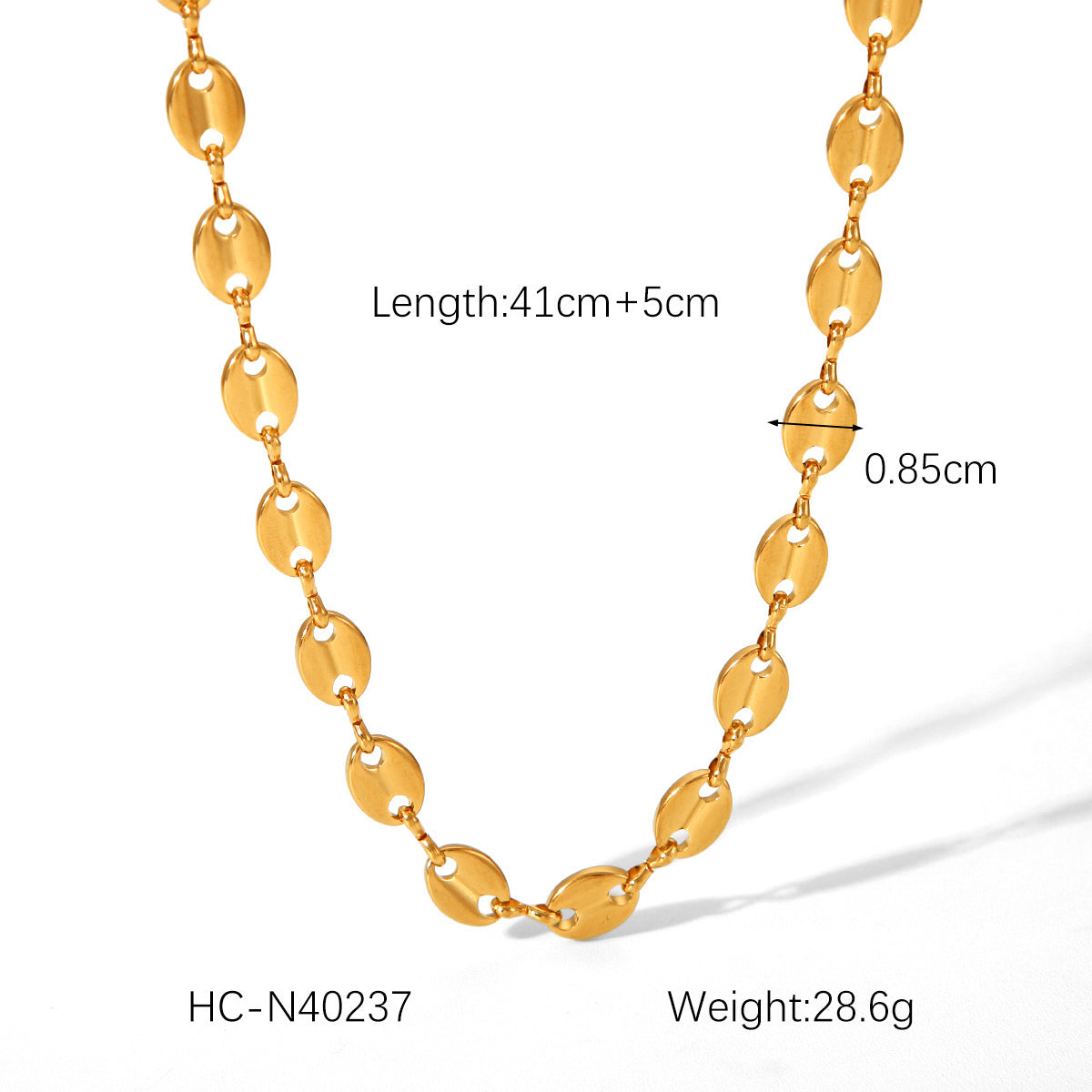 18K gold plated disc bead chain necklace, oval links, length 41+5 cm