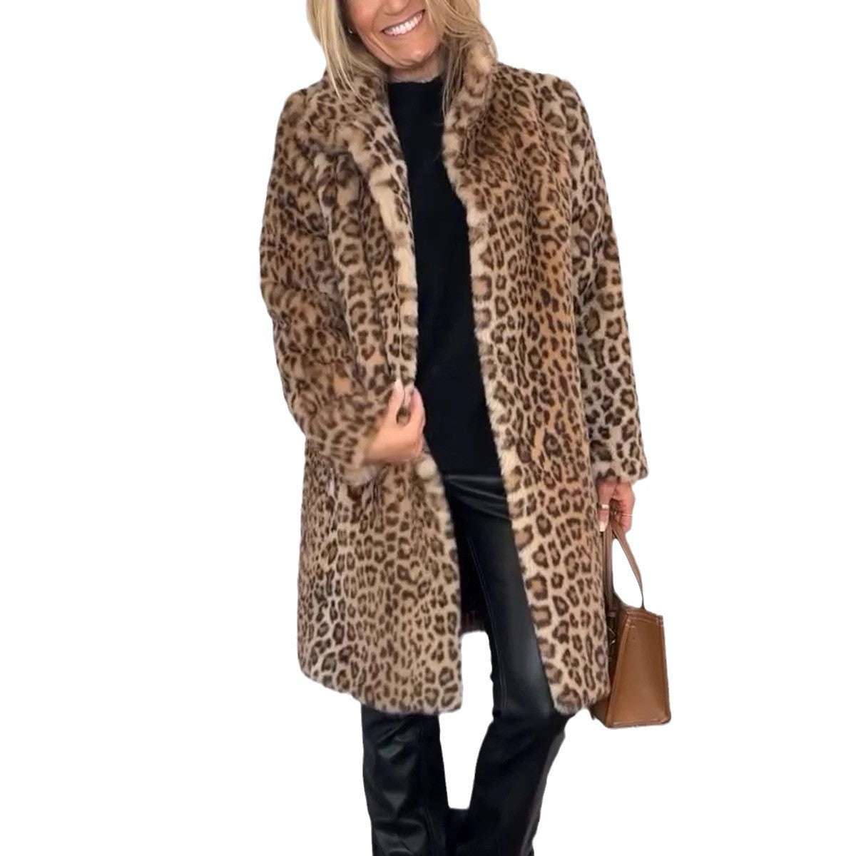 Cozy Leopard Print Mid-Length Coat Fall Winter Leopard Print Plush Mid-leng | Ectron Online
