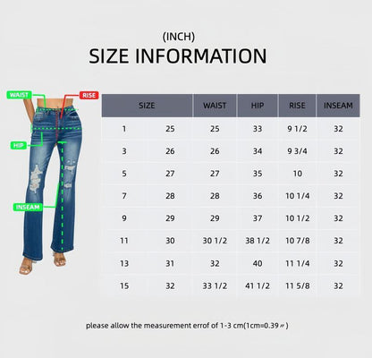 Jeans size information chart with illustrated high-waist ankle jeans and waist/hip/inseam