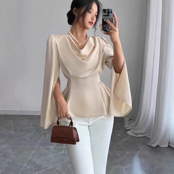Women’s Satin Flare Sleeve Shirt – Waist Trimming Design