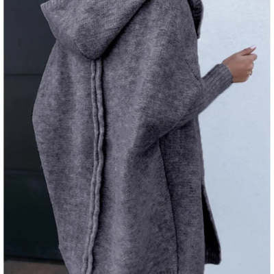 Hooded oversized bat sleeve cardigan sweater, heather gray knit with front zipper