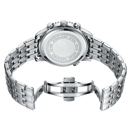 Stainless steel watch case and bracelet back view with engraved caseback