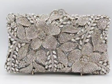 Silver-tone rhinestone floral clutch with beaded frame and top handle