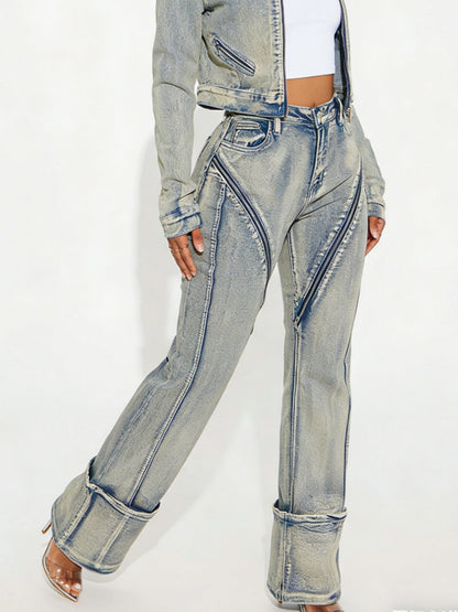 Washed denim pants in light blue with contrast seam panels and tapered legs