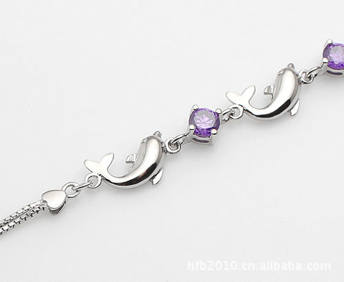 925 Sterling Silver Bracelet Wholesale, Dolphin Amethyst Bracelet, Women's Short Silver Jewelry