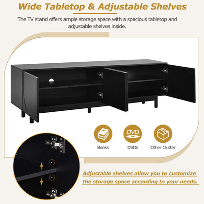 Black TV stand with open center shelf and hinged cabinet doors