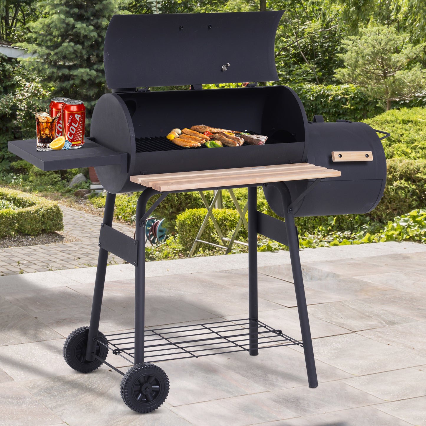 Portable Charcoal BBQ Grill with Wheels & Shelves - Outdoor Cooking