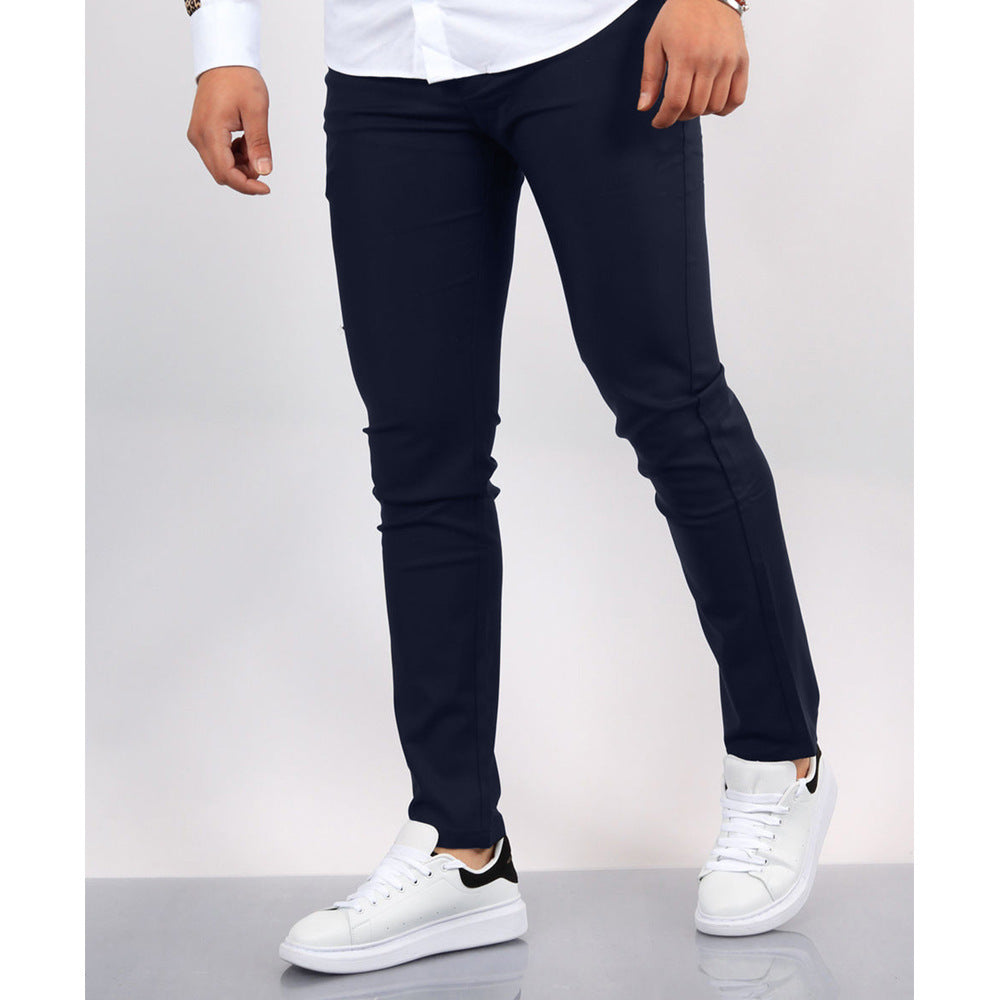 Men's solid chino pants, dark navy, slim tapered legs with cuffed hem