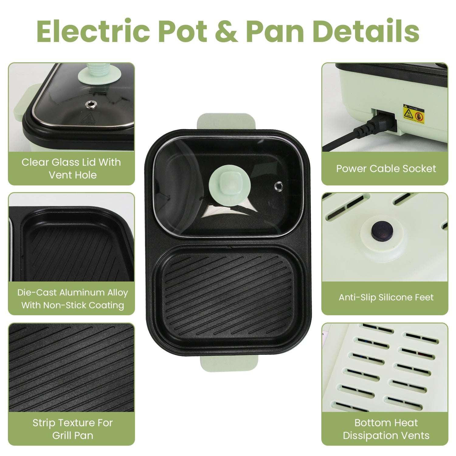 2-in-1 electric hot pot and grill with non-stick divided interior and vented glass lid
