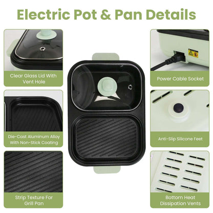 2-in-1 electric hot pot and grill with non-stick divided interior and vented glass lid