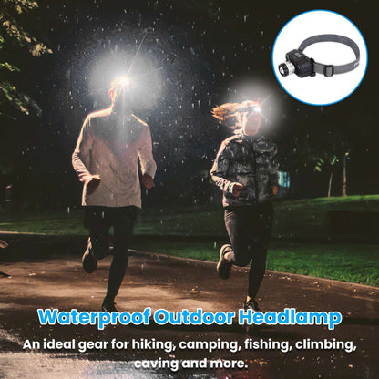 Black LED headlamp on elastic strap for outdoor hands-free use while running