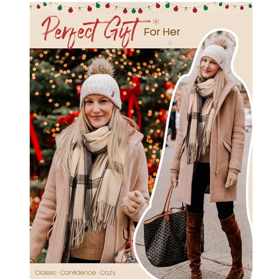 Beige plaid tassel scarf with long fringe for winter layering