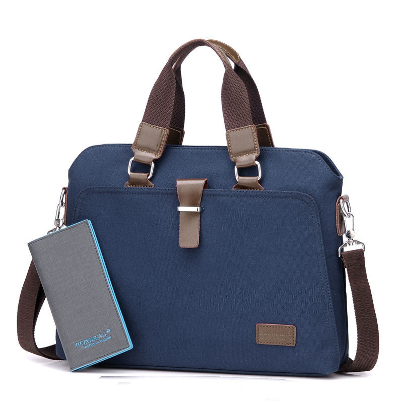 Canvas briefcase in blue with left wallet sleeve, dual handles, shoulder strap, and front clasp