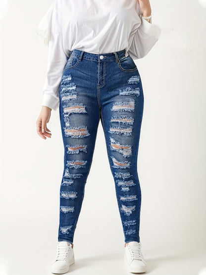 Women's blue ripped skinny jeans with stacked knee rips, high waist