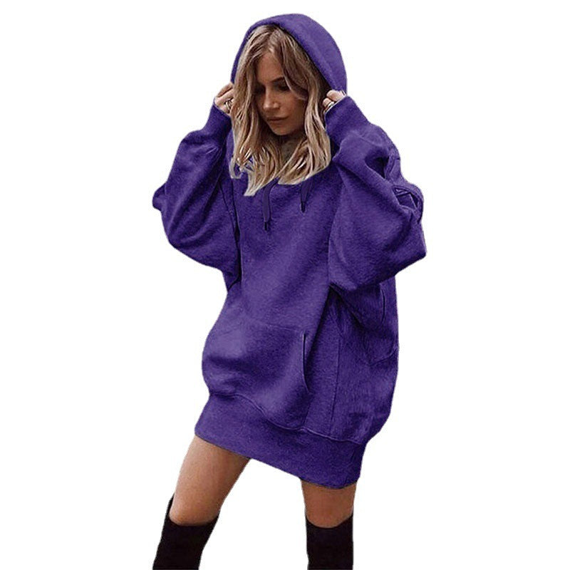 Women’s purple fleece pullover hooded sweatshirt with front pocket and drawstring