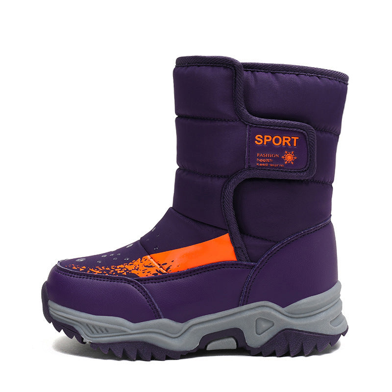 Purple warm medium boots with orange front panel and SPORT patch, chunky sole