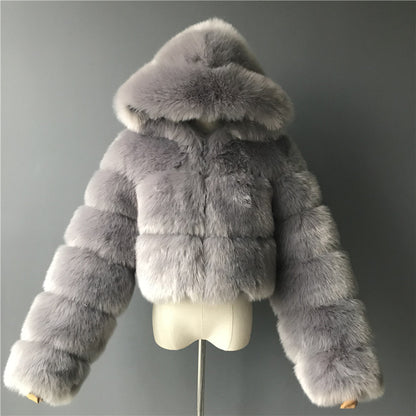 Women's Short Hooded Faux Fur Coat | Trendy Long Sleeve Plush Jacket Short hooded faux fur long sleeve coat | Ectron Online