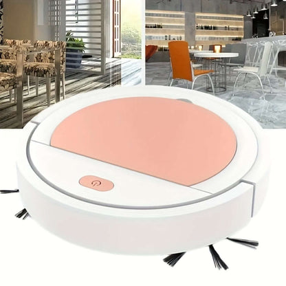 White robotic vacuum with pink top panel and side brushes, in an indoor room scene.