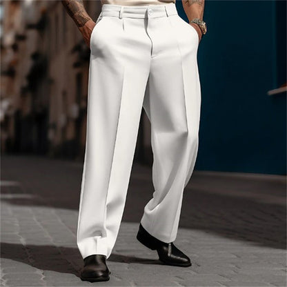 Men's straight-leg suit pants in white, front crease, belt loops, ankle-length hem