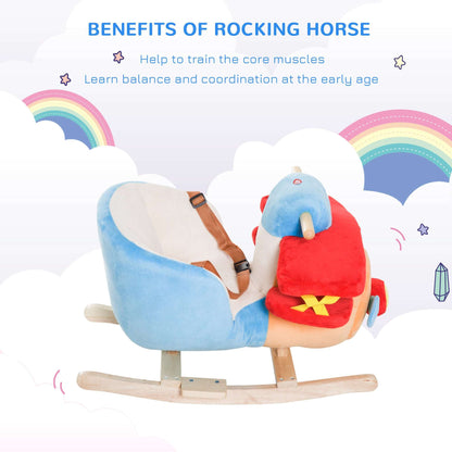 Plush kids rocking horse with blue body, red saddle, and light wood rocking base