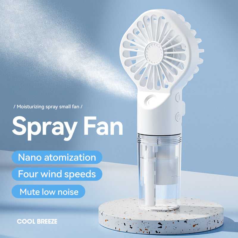 White portable handheld water spray fan with mist nozzle and rechargeable base