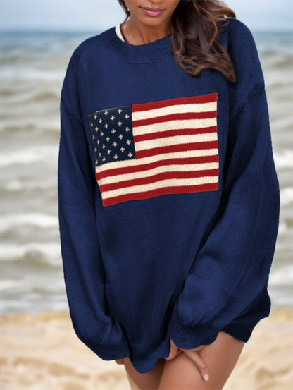 Women's USA Flag Drop Shoulder Sweater | Retro Long Sleeve Top Usa Flag Design Drop Shoulder Sweater,Lo | Ectron Online