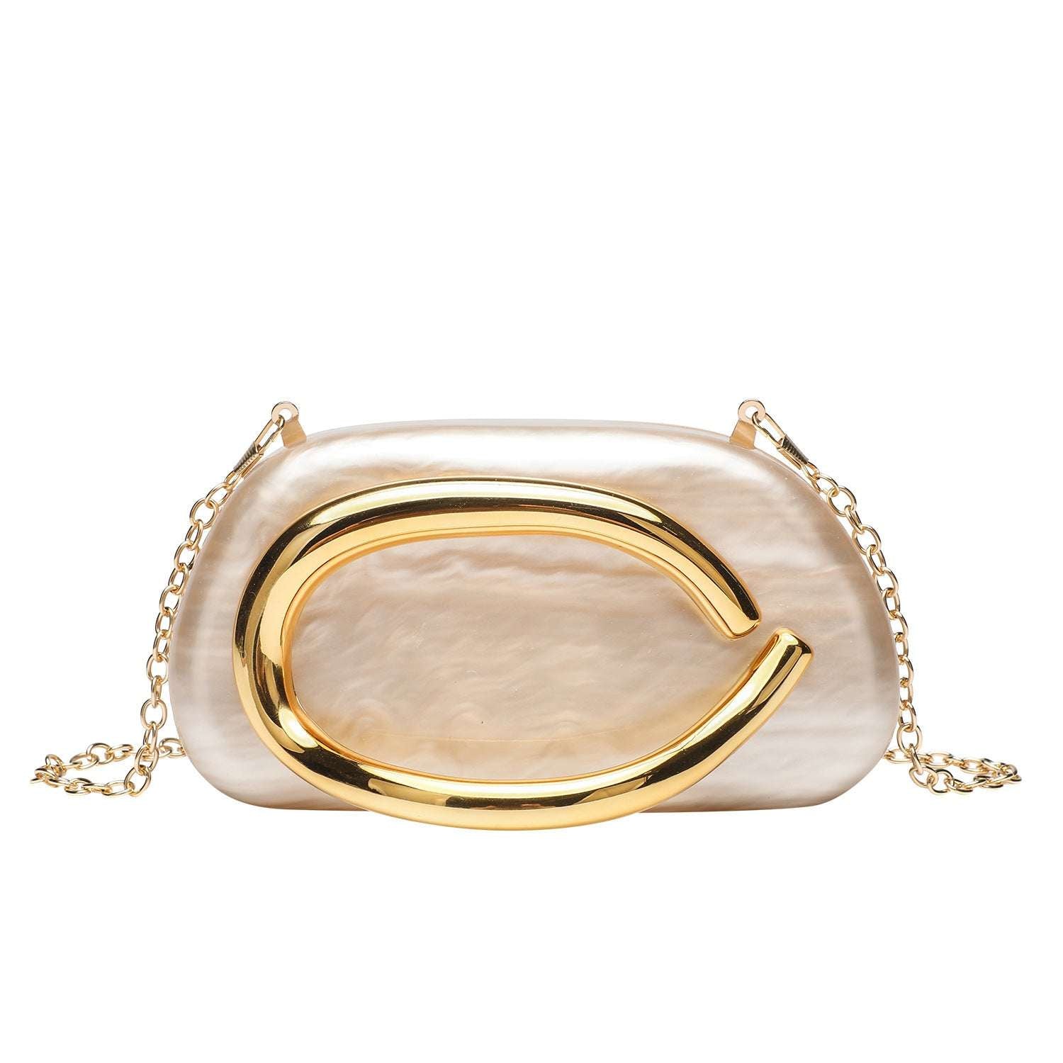 Cream acrylic dinner clutch with gold oval handle and chain shoulder strap