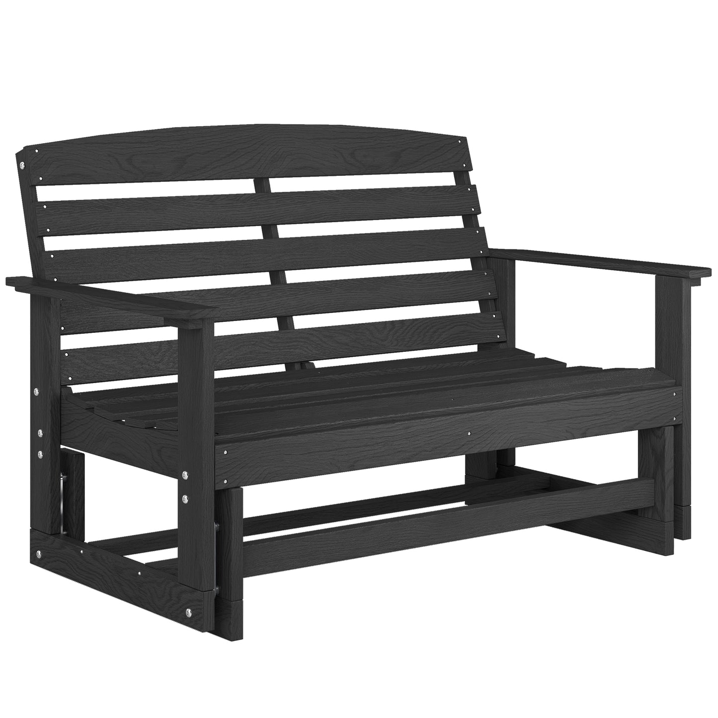 Distressed black outdoor patio glider bench with double rocking seats and slatted back