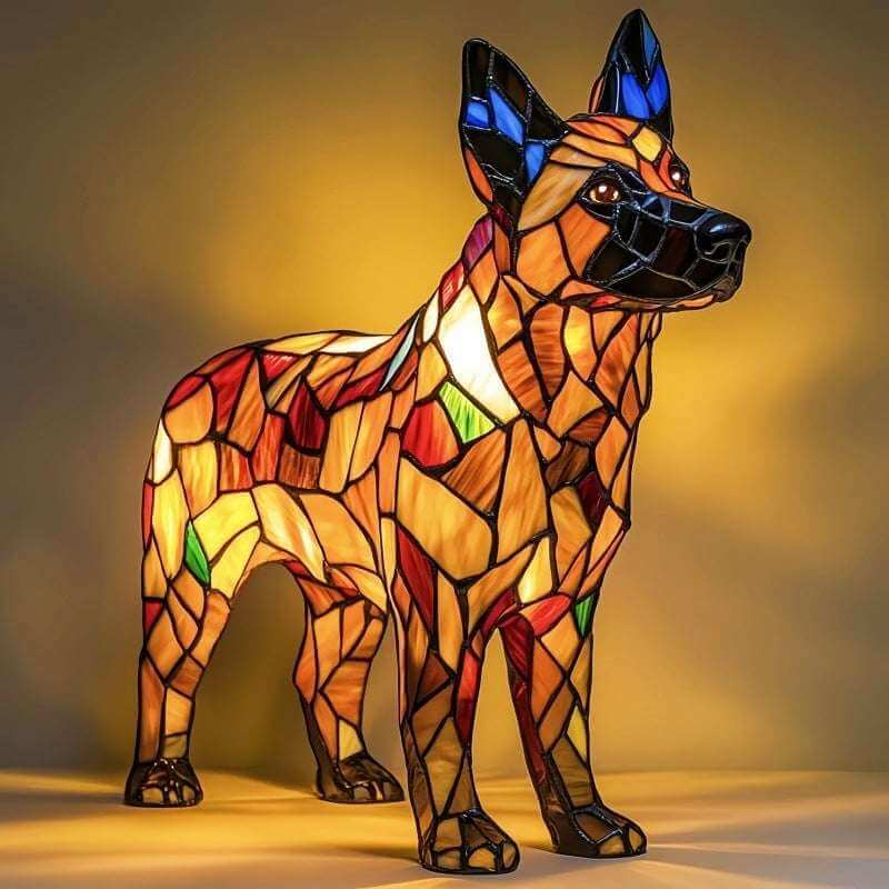 Colorful dog-shaped lamp with tan and blue mosaic finish, standing dog facing right