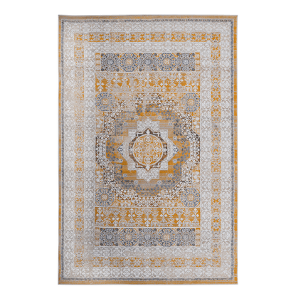 Cream-and-ivory patterned area rug with medallion design and blue, orange accents