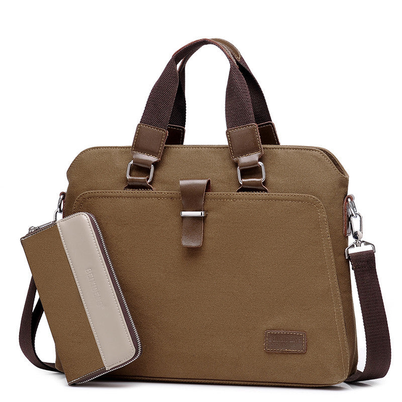 Coffee brown canvas briefcase with top handles, shoulder strap, and zippered card wallet pouch