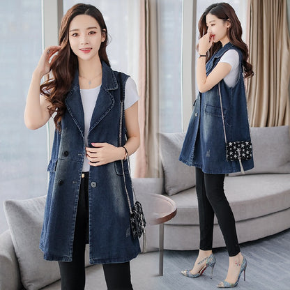 Denim vest coat with button front, lapel collar, and flap pockets